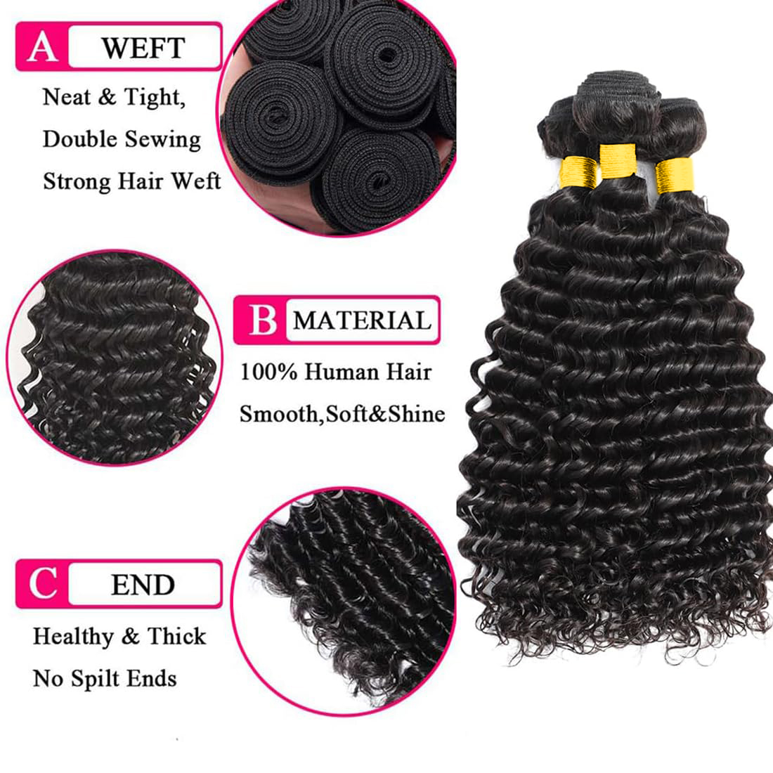 Deep Wave Human Hair Bundles w - Deep Wave 3 Bundles With Closure 评论和价格